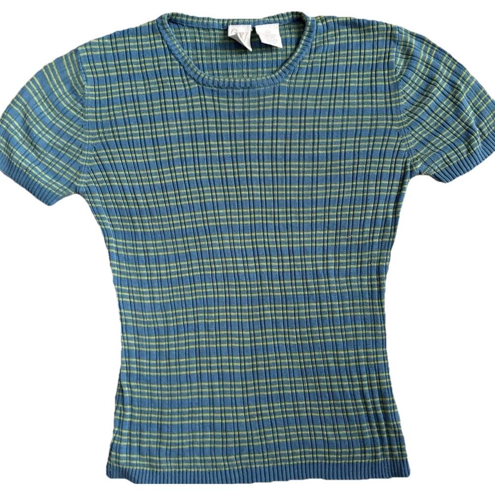 Vintage Ribbed Baby Tee Knit Sweater Top Y2K Women XS Blue Green Striped